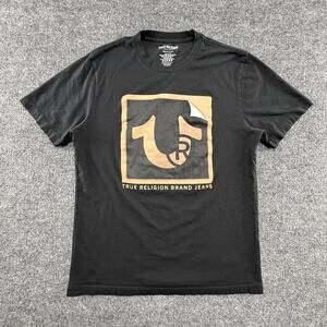 True Religion Brand Jeans Shirt Mens Large Black Logo Box Graphic Front Tee